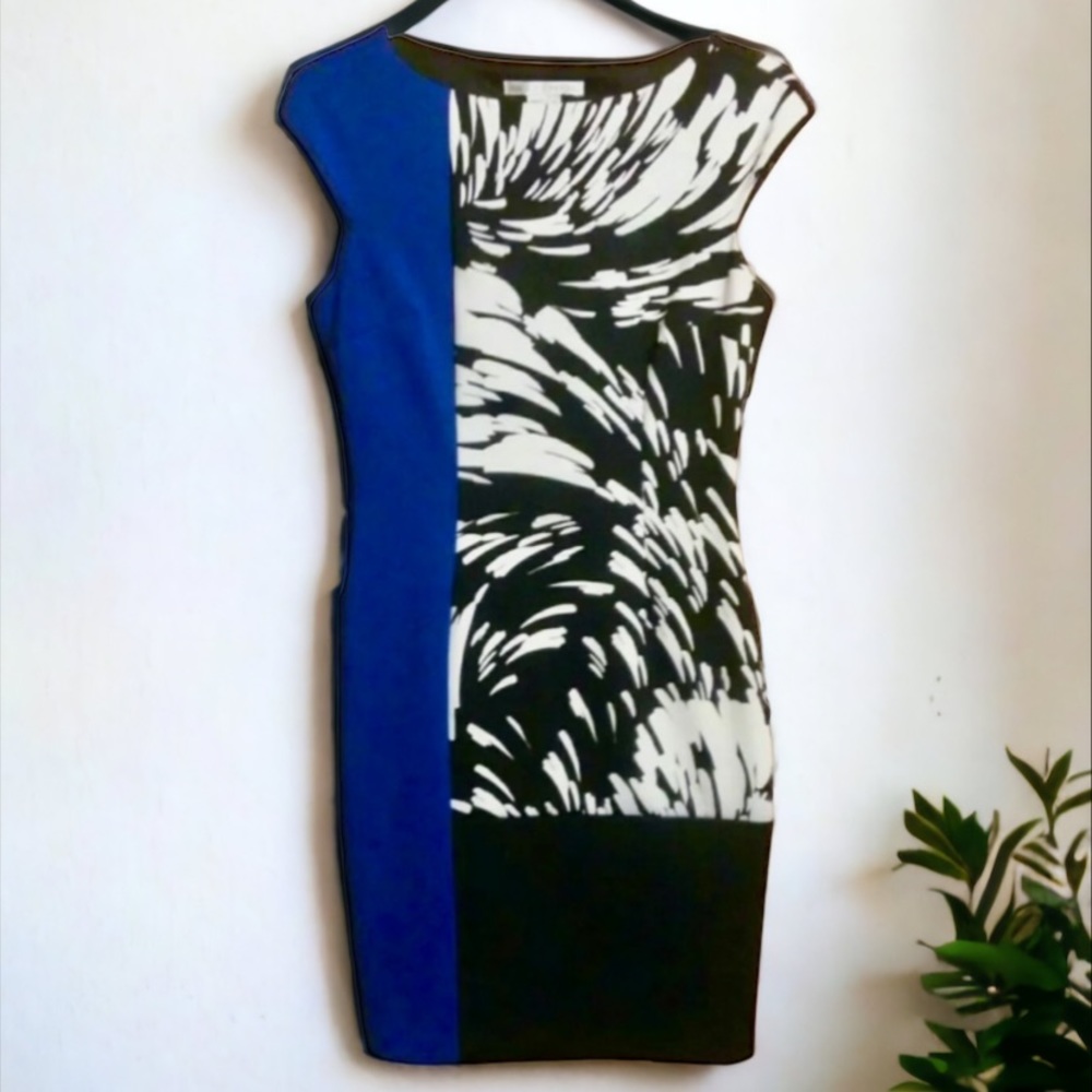 Maggy London Color Block/Print Sheath Dress Black White Royal Blue Size 10 - Picture 4 of 9